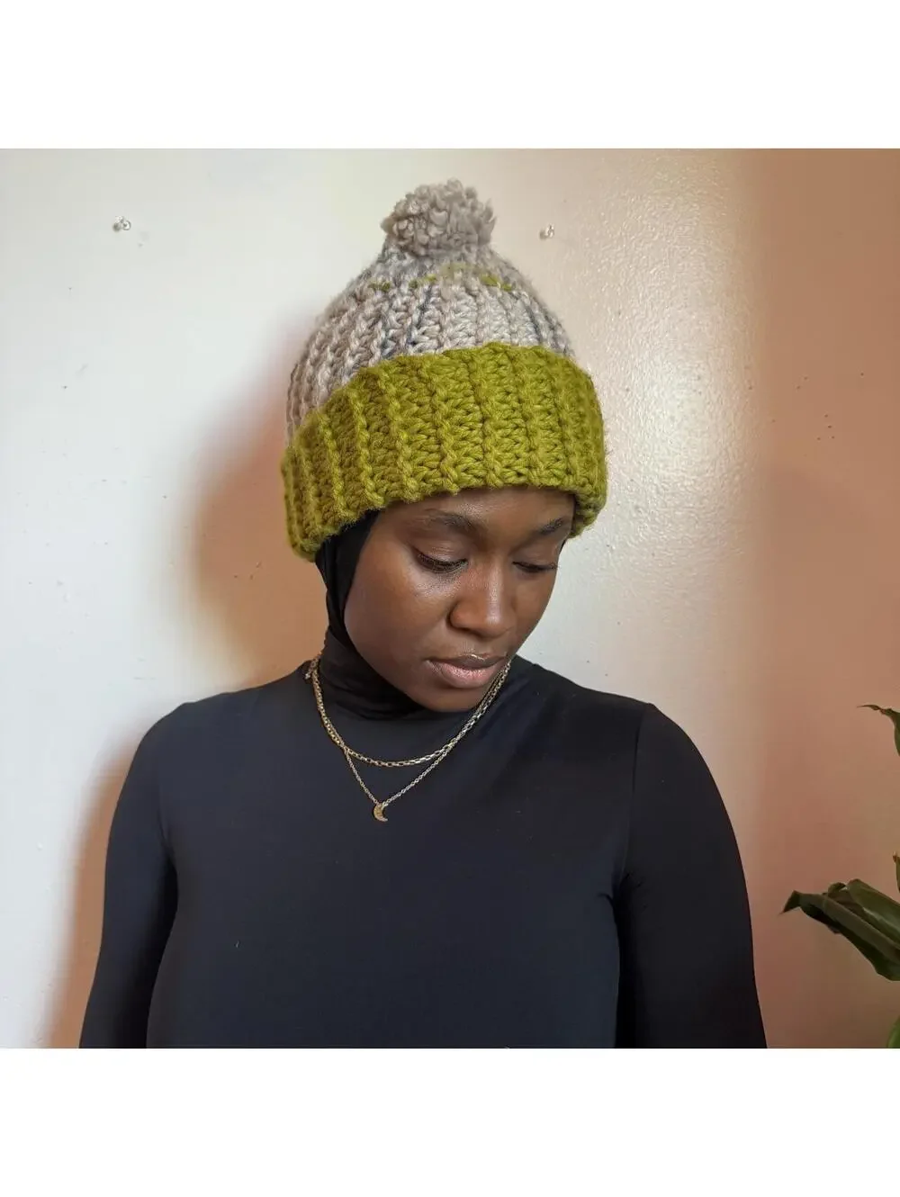 Handmade Chunky Pom Pom Beanie Olive Green Oatmeal Knit Winter Hat